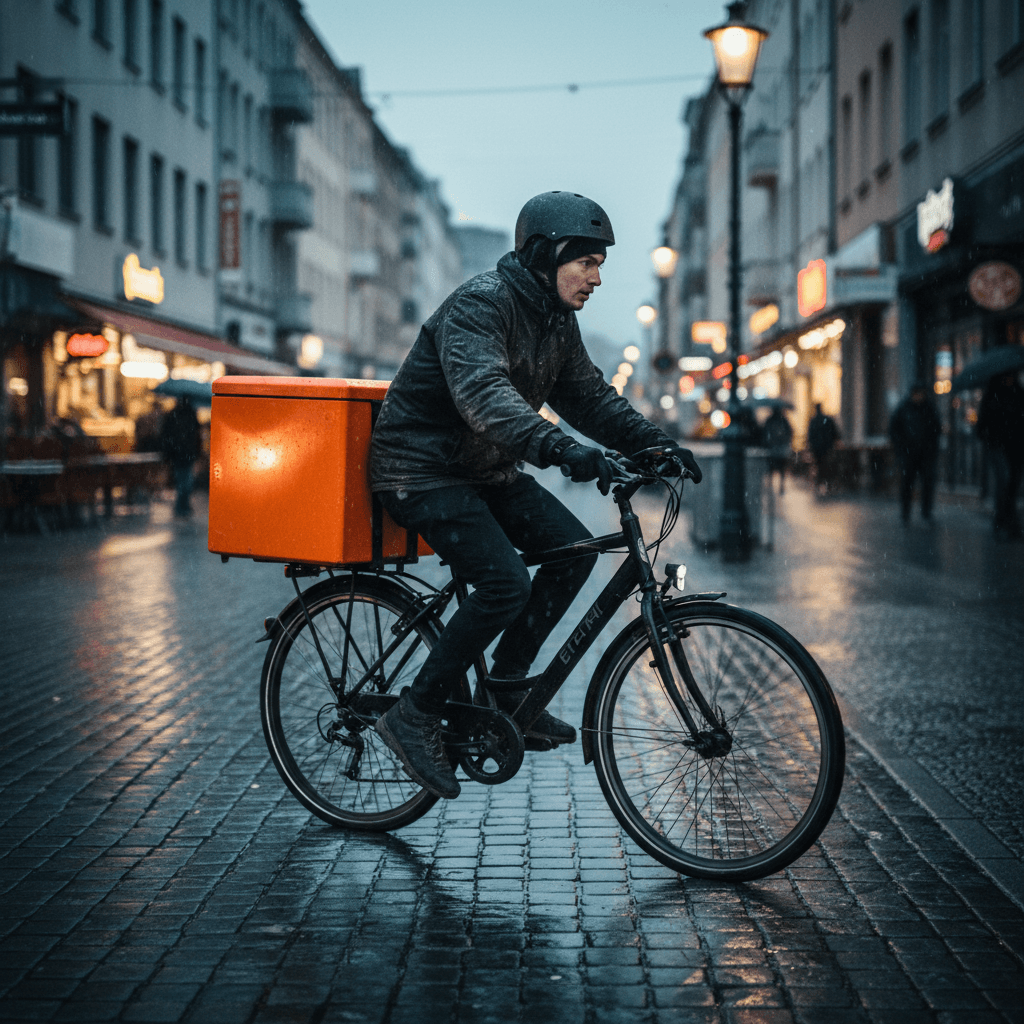 Delivery-Rider mit oranger Cargo-Box in Berlin-Dämmerung