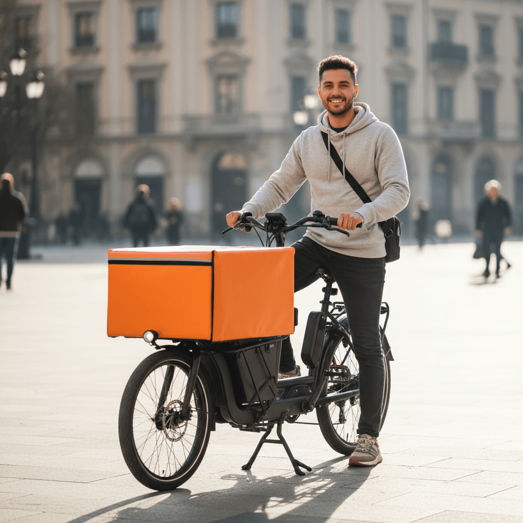 Rider mit oranger rocketbike-Cargo-Box am Mittag